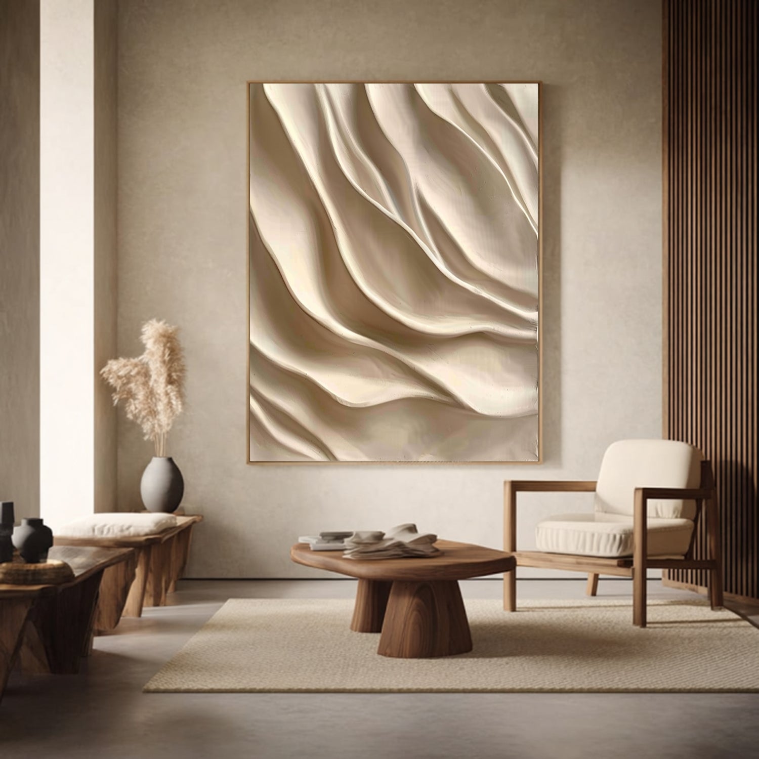 3D Wood Textured Wall Art Large Beige 3D Wall Art for Living Room