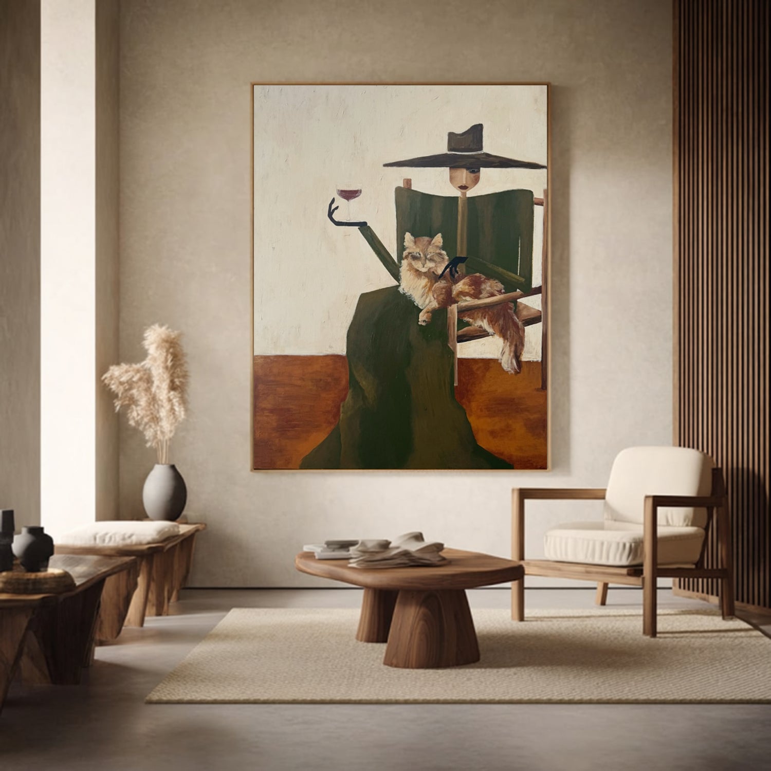 Hand-Painted Woman & Cat Oil Painting | Modern Minimalist Wall Art