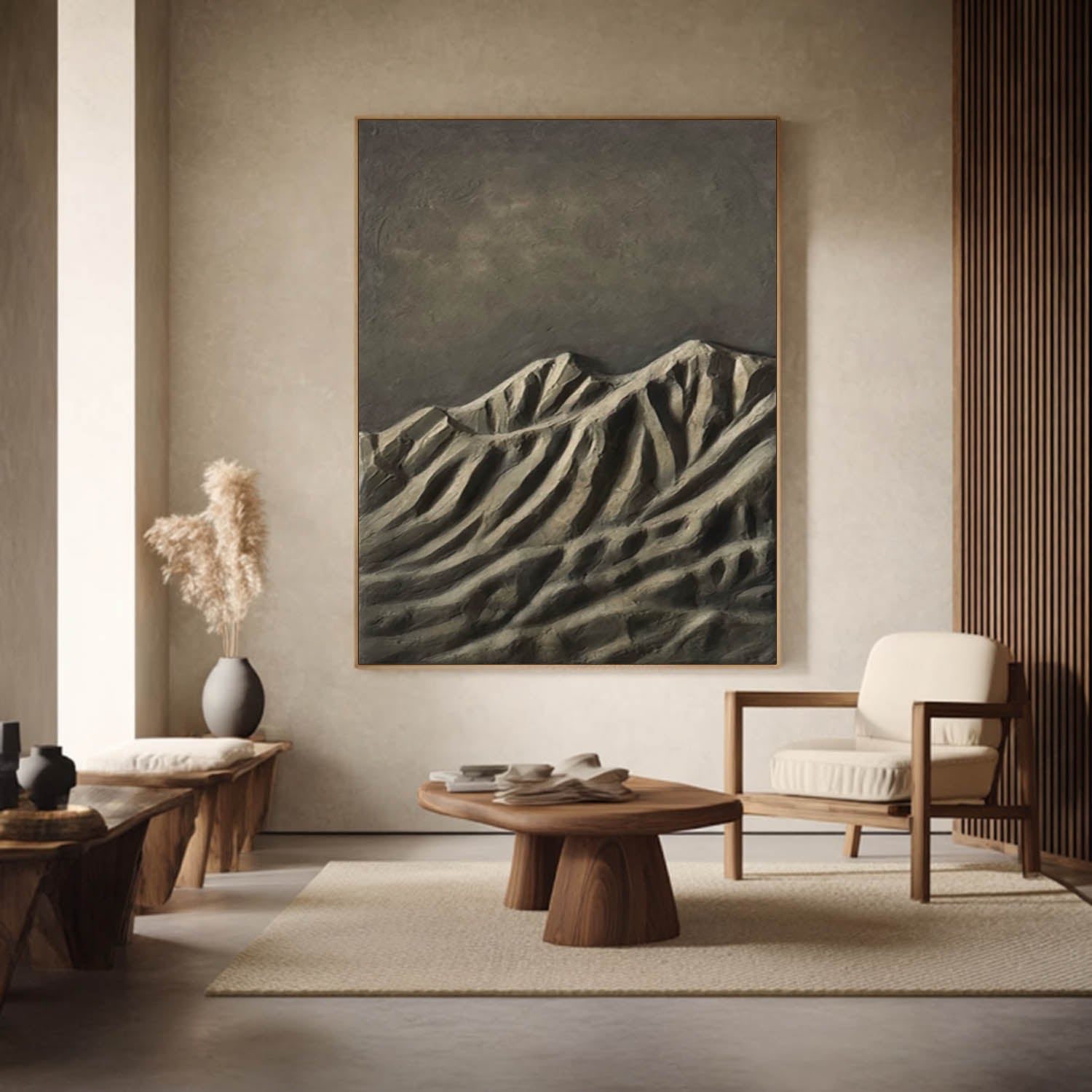 Modern living room with wooden furniture, a coffee table, and a mountain painting on the wall.