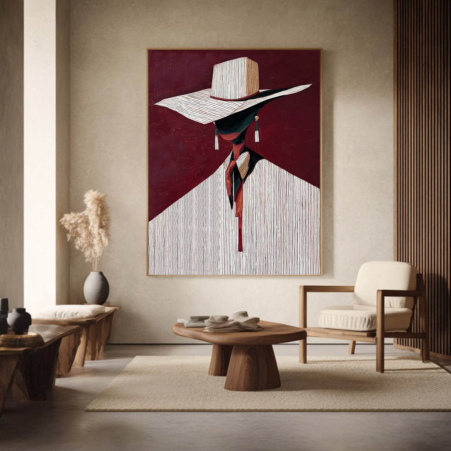 Minimalist Figure Painting Burgundy background Abstract Portrait Painting