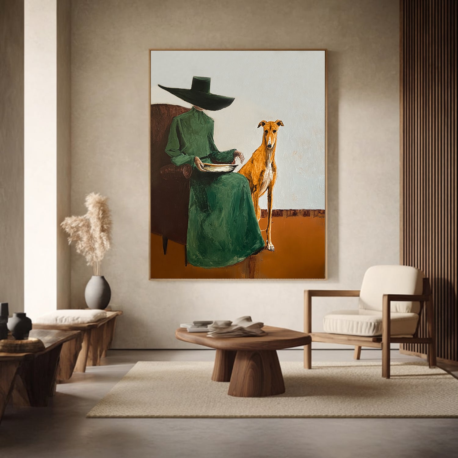 Vintage Fashion Painting Woman with Greyhound Painting Surrealist Figure Art 