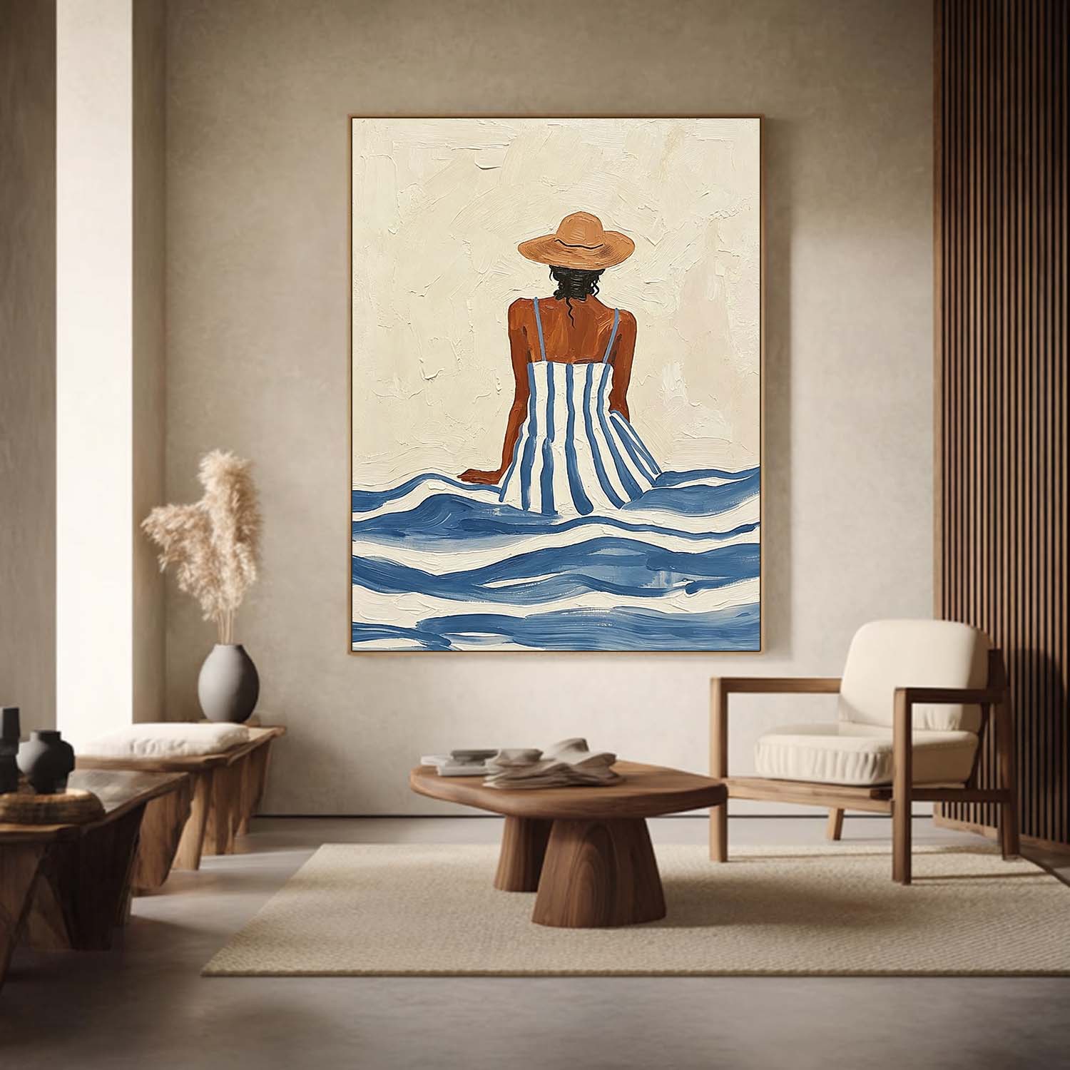 Summer Beach Wall Art – Woman Canvas Painting Coastal Canvas Artwork for Living Room