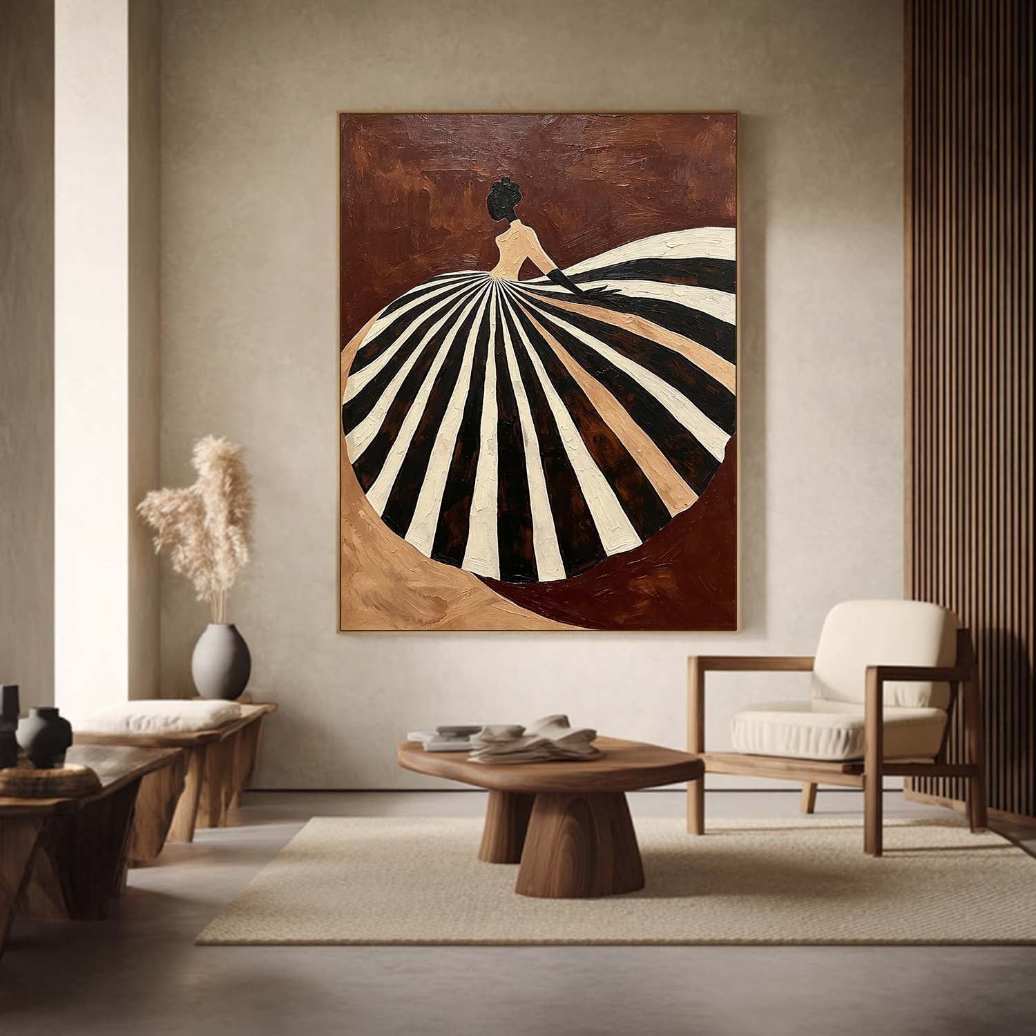 Modern Mid-century Figurative Canvas Painting, Brown and Neutral Tone Luxury Decor