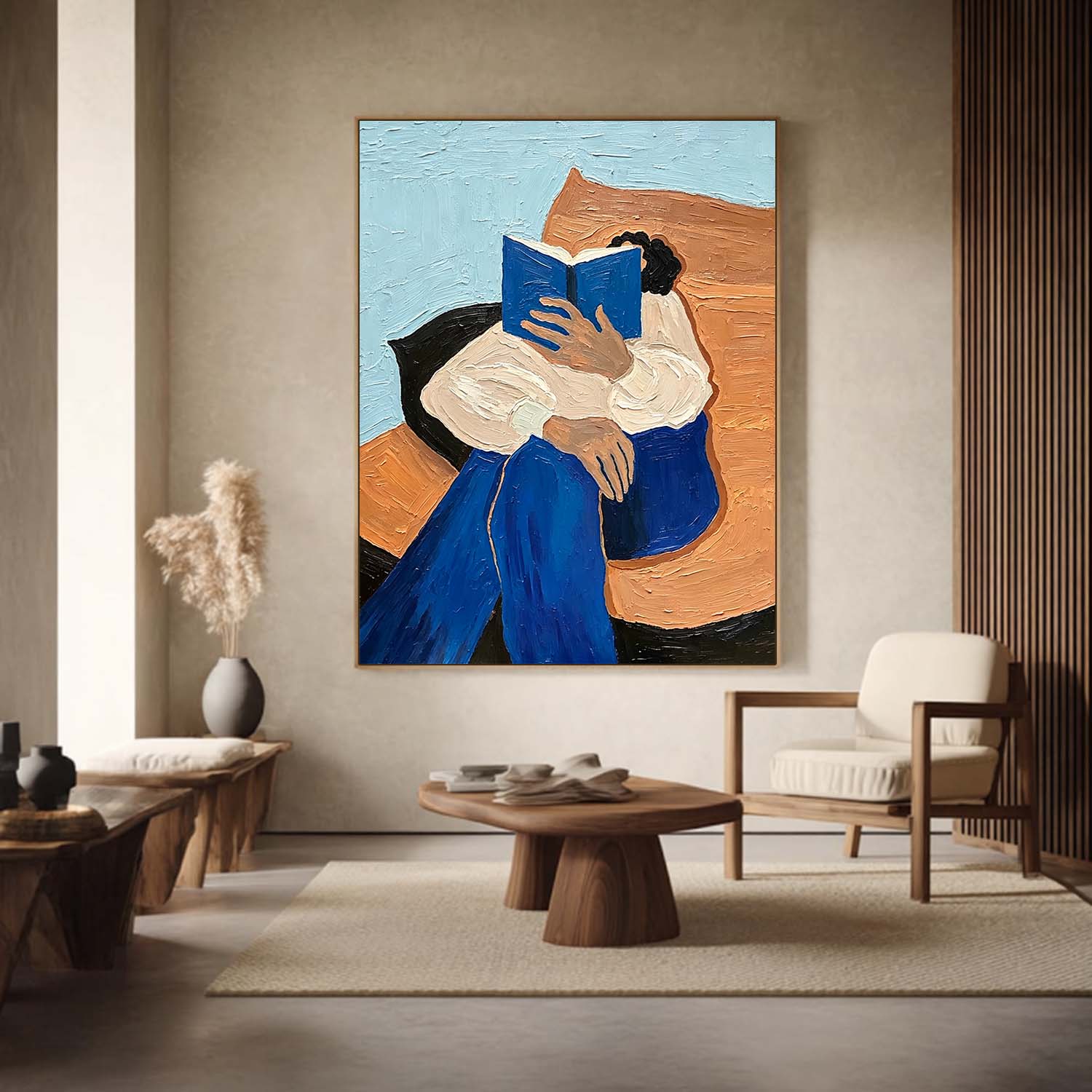 Thick Impasto Oil Painting Girl Reading Book, 3D Textured Modern Wall Art