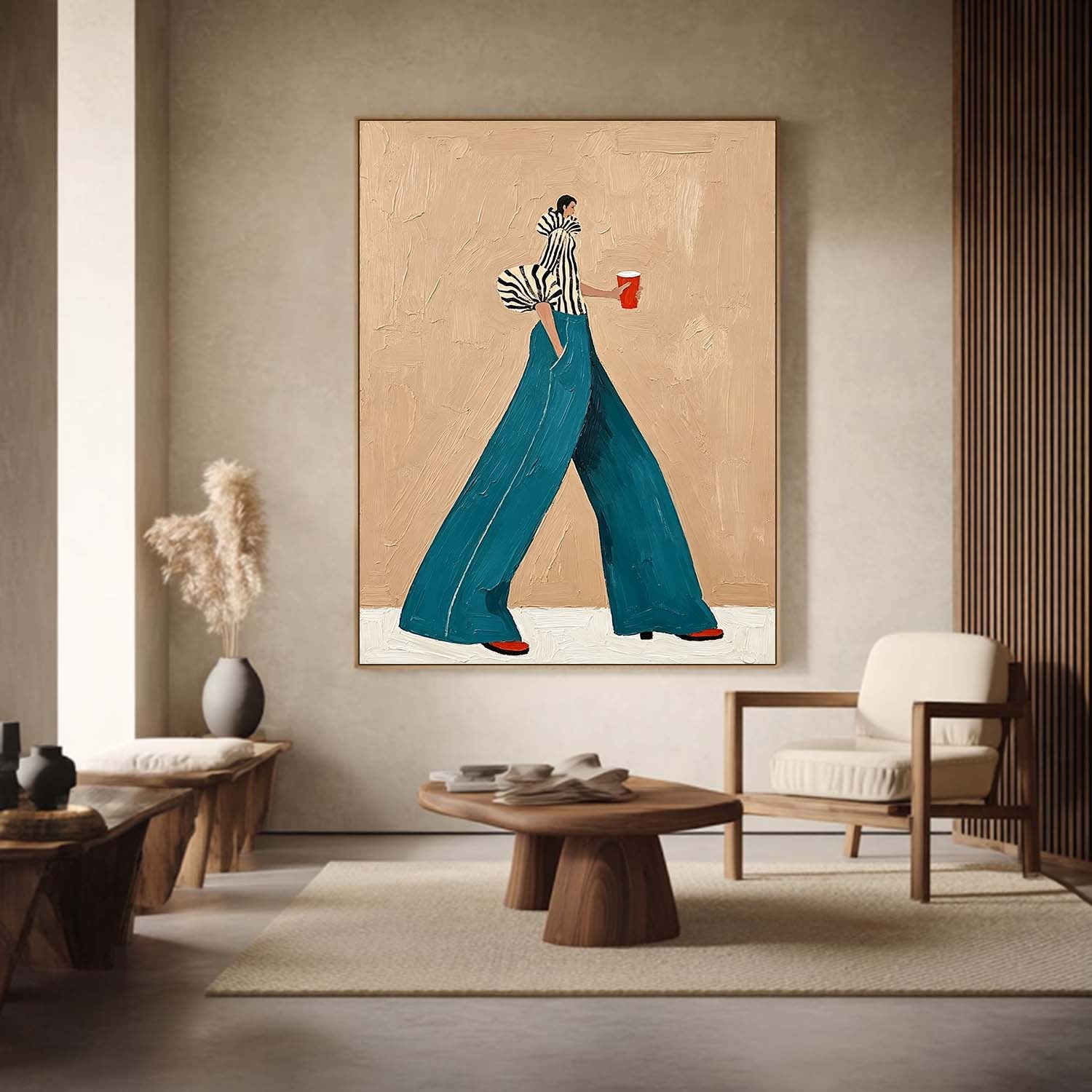 Modern Fashion Wall Art–Woman in Striped Top & Teal Pants Canvas Painting–Stylish Canvas Artwork