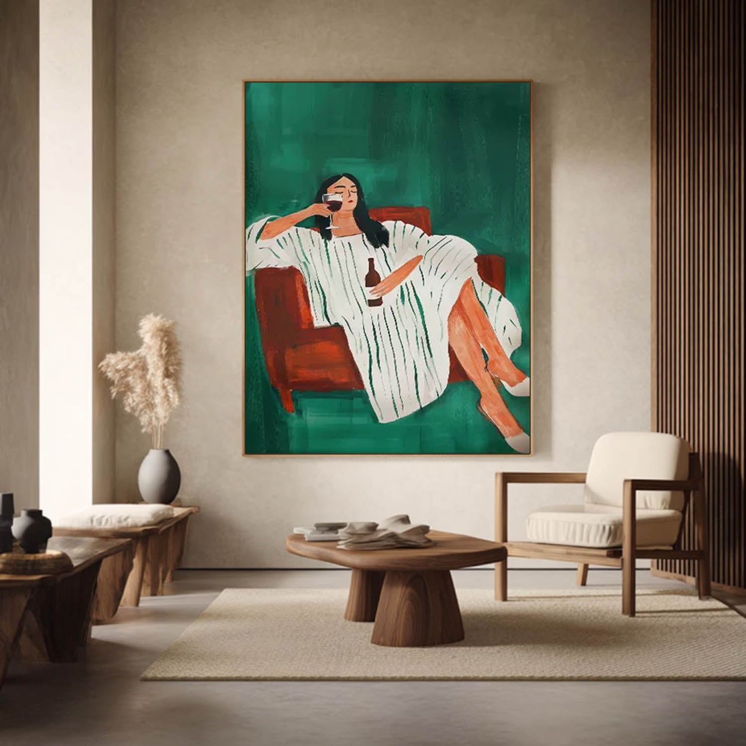 Modern Abstract Woman Lying on Sofa Art, Hand-Painted Green & White Stripes Decor
