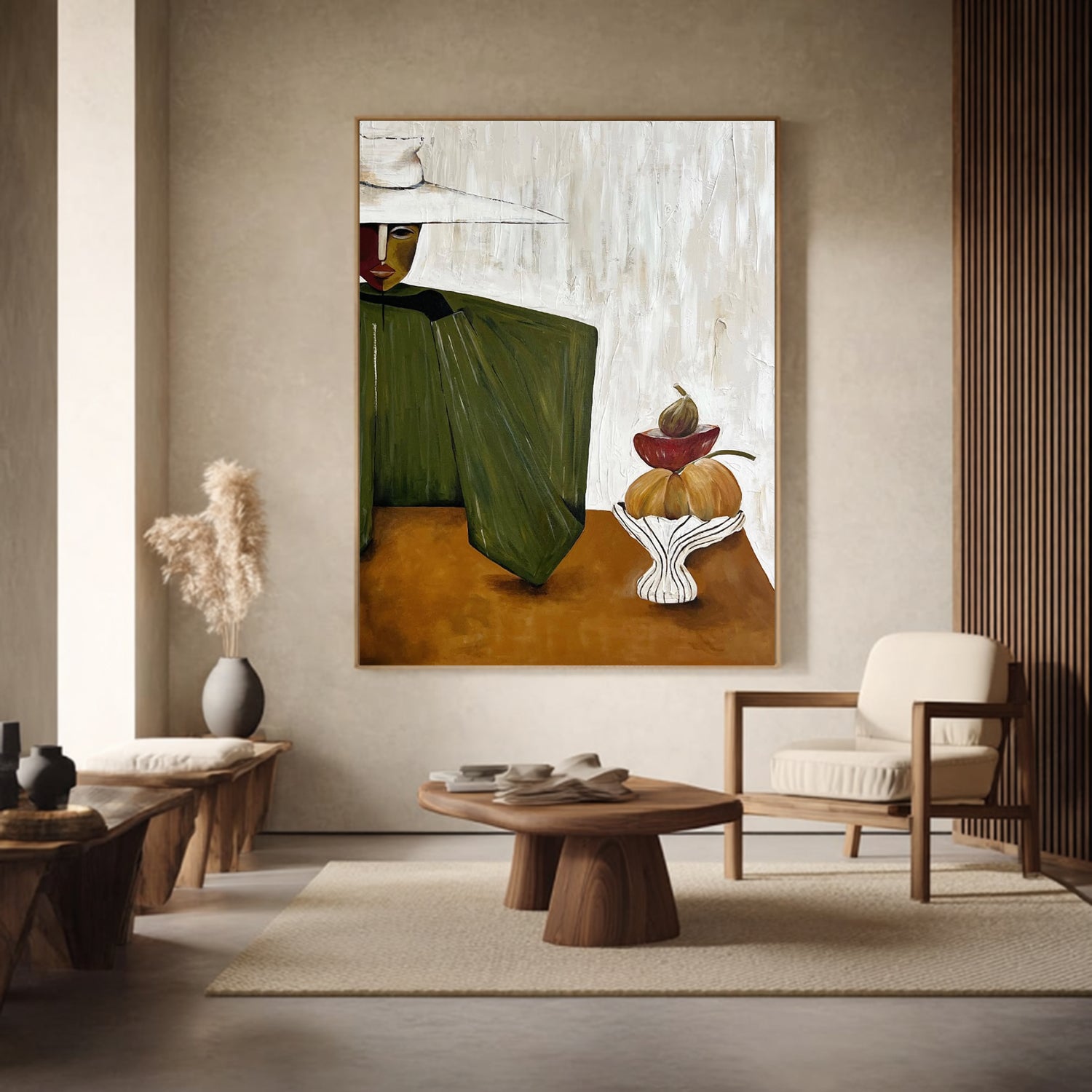 Olive Green Mid-Century Modern Abstract Oil Painting - Harvest Still Life