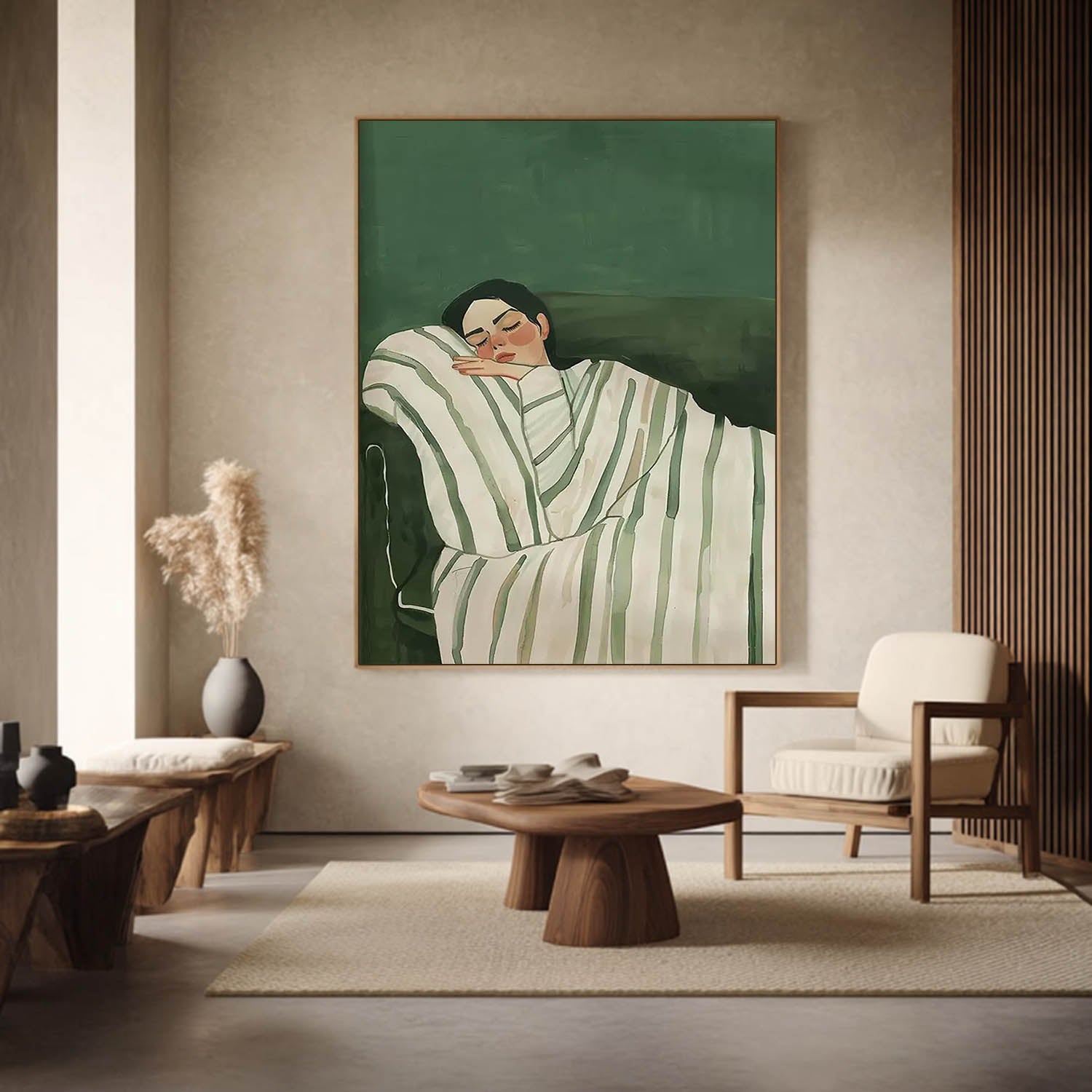 Mid-century Modern Sleeping Girl Oil Painting, Minimalist Green Wall Art