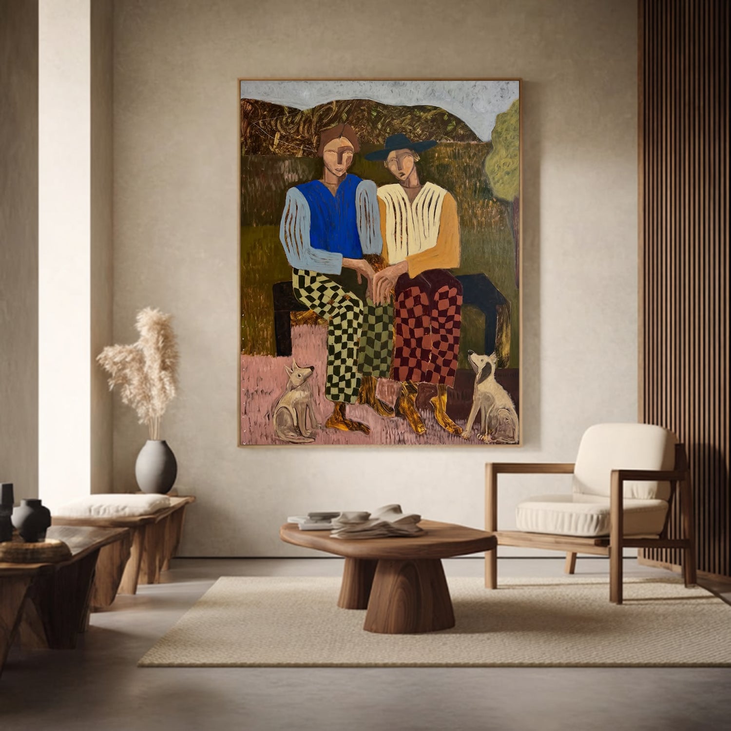 Abstract People and Dogs Art Modern Figurative Oil Painting Mid-century Modern Decor