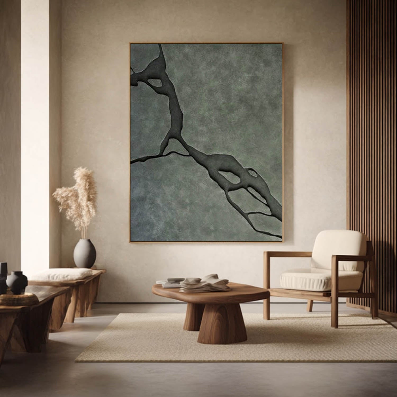 Modern Olive Green 3D Wood Wall Art Minimalist Wood Carving Wall Decor