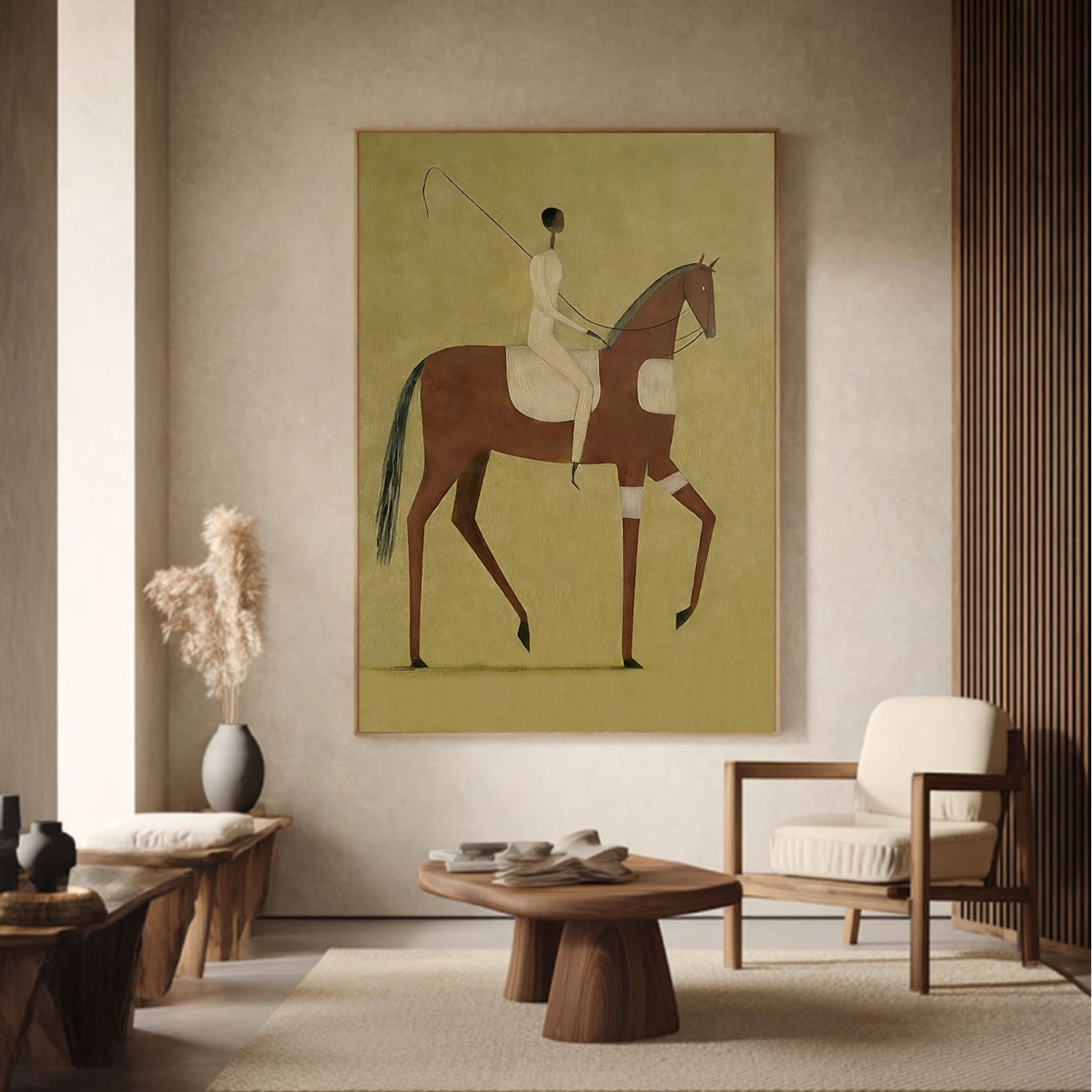 Minimalist black horse painting with red mane and a slim rider on olive green background.