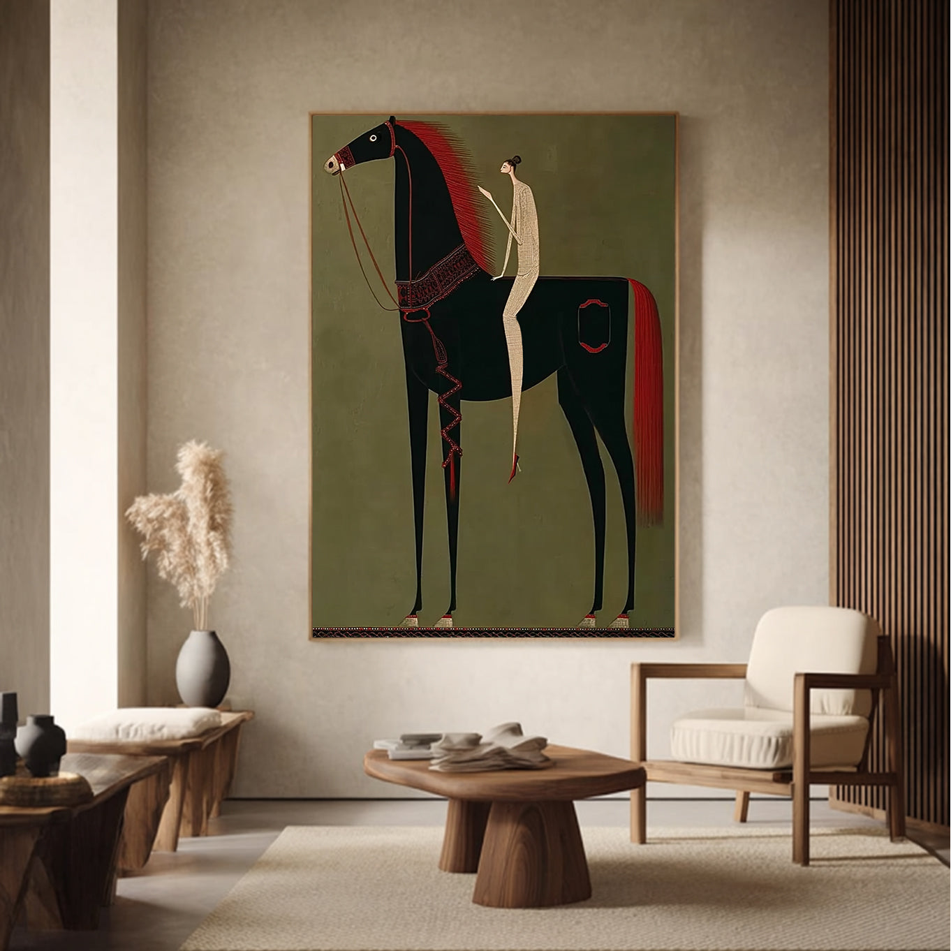 Minimalist black horse painting with red mane and a slim rider on olive green background.