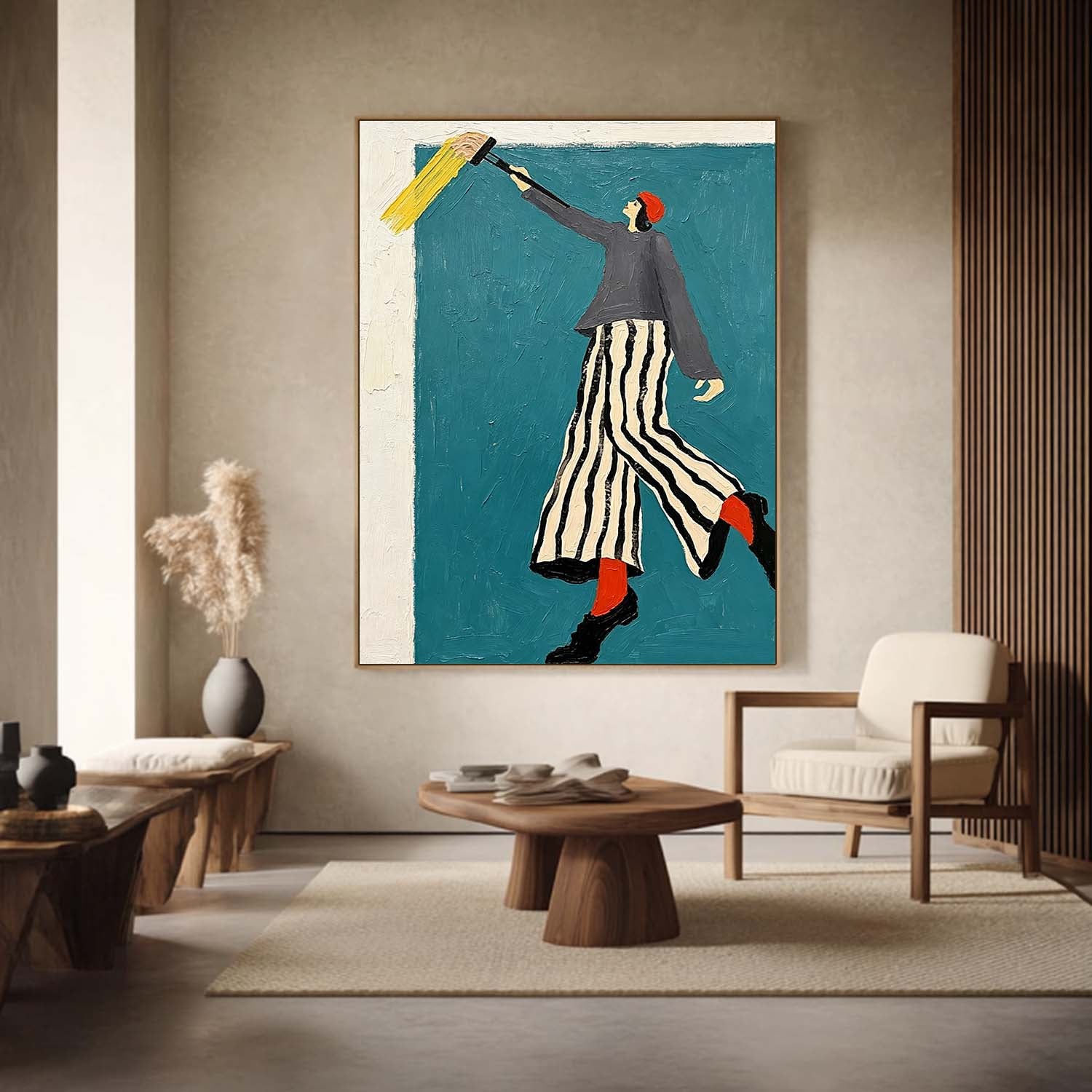 Modern Fashion Wall Art – Woman in Striped Skirt & Red Socks Canvas Painting – Chic Minimalist Home Decor, Stylish Canvas Artwork