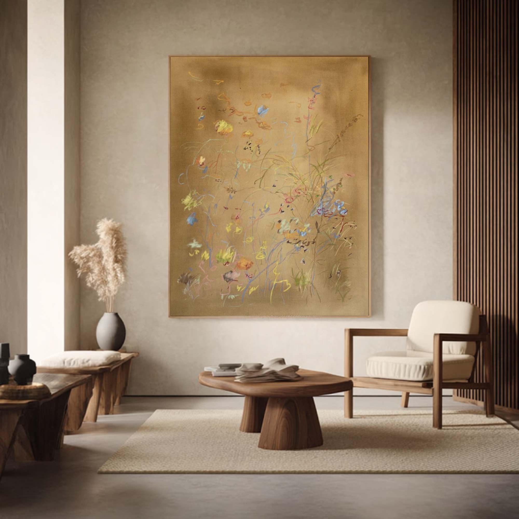 Earth color flower painting brown abstract painting, brown plant wall painting
