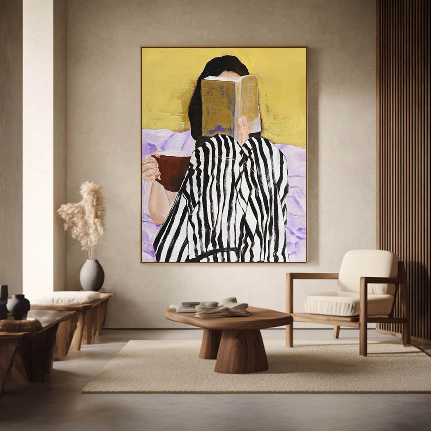 Modern Girl Reading Oil Painting, Black and White Striped Art, Yellow Wall Decor