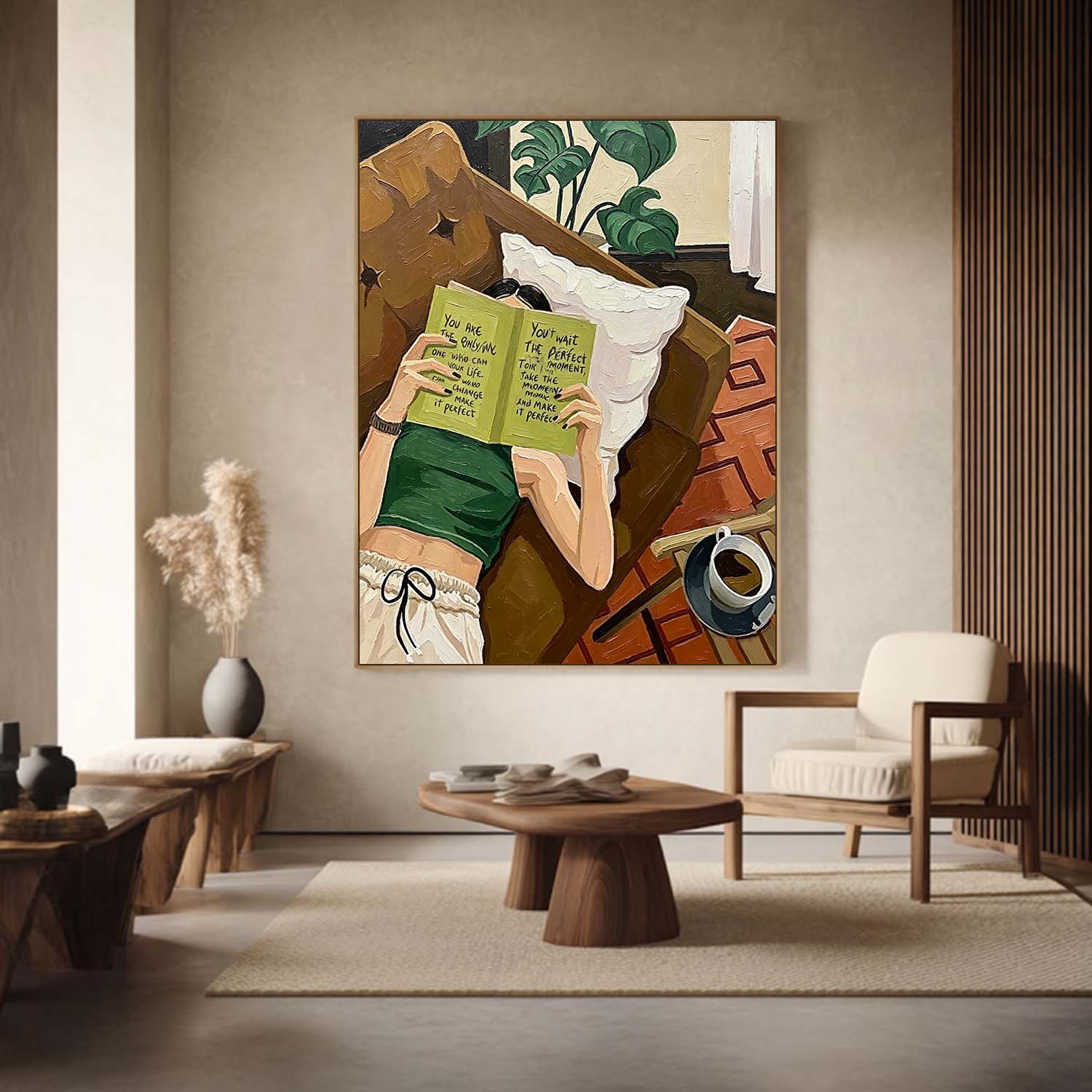Textured Oil Painting Girl Reading Book with Quote, Modern Impasto Wall Art