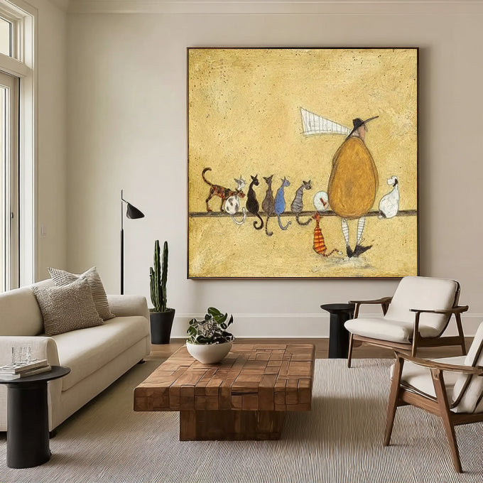 Hand Painted Whimsical Cat Lover Wall Art, Vintage Rustic Multiple Cats Painting