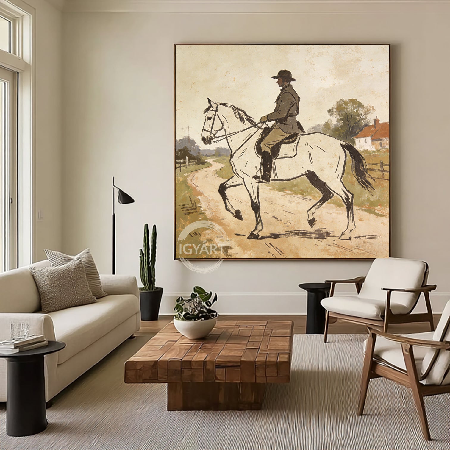 Rustic Farmhouse Wall Art - Hand-painted Impressionist Horse & Rider