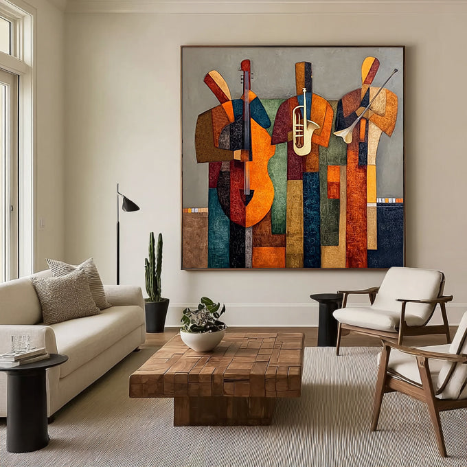 Hand Painted Modern Band Performance Abstract Figurative Oil Painting Wall Art for Living Room