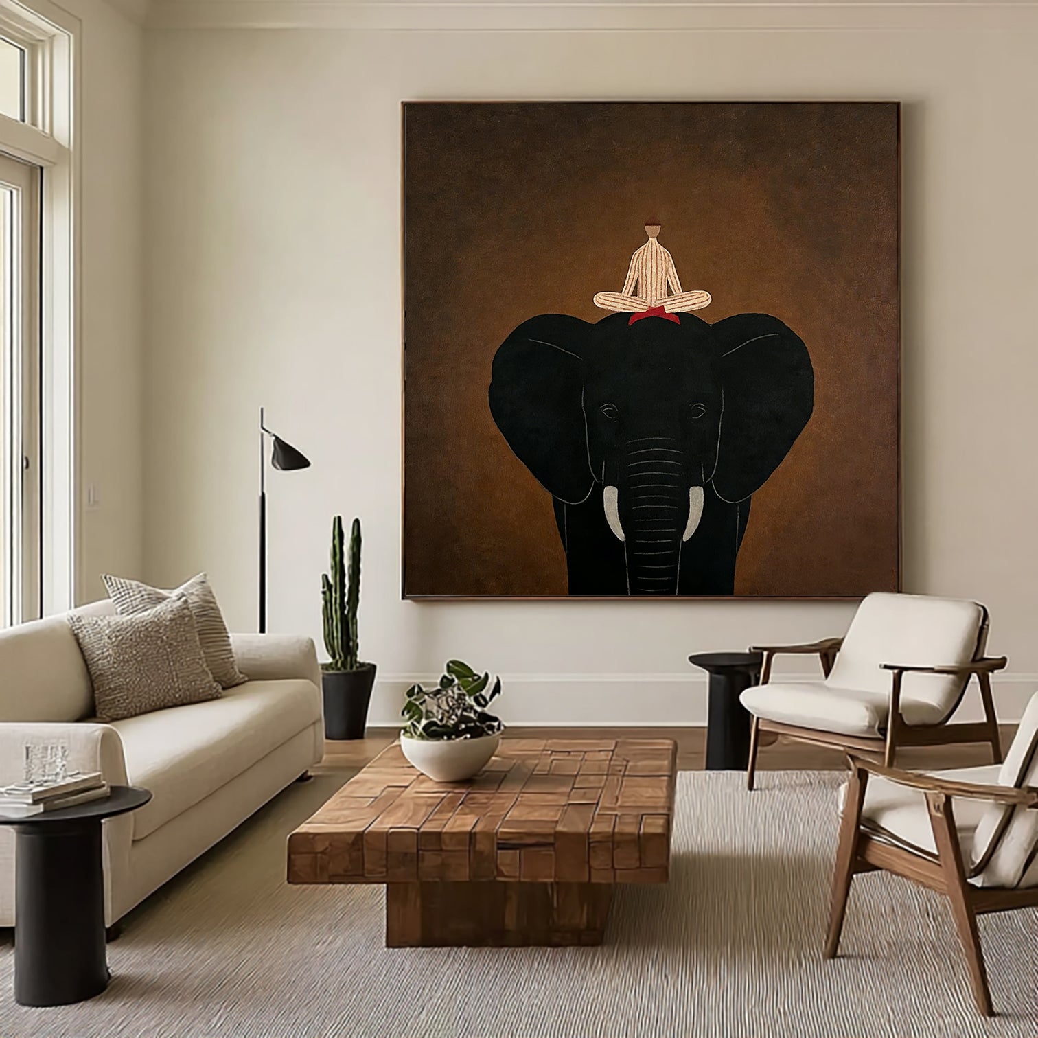 Large Elephant Painting on Canvas.Minimalist Animal Portrait Wall Art