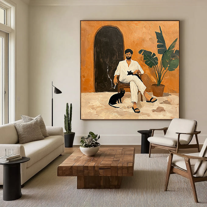 Minimalist Portrait with Black Cat - Wabi-Sabi Art Decor, Textured Earthy Tones