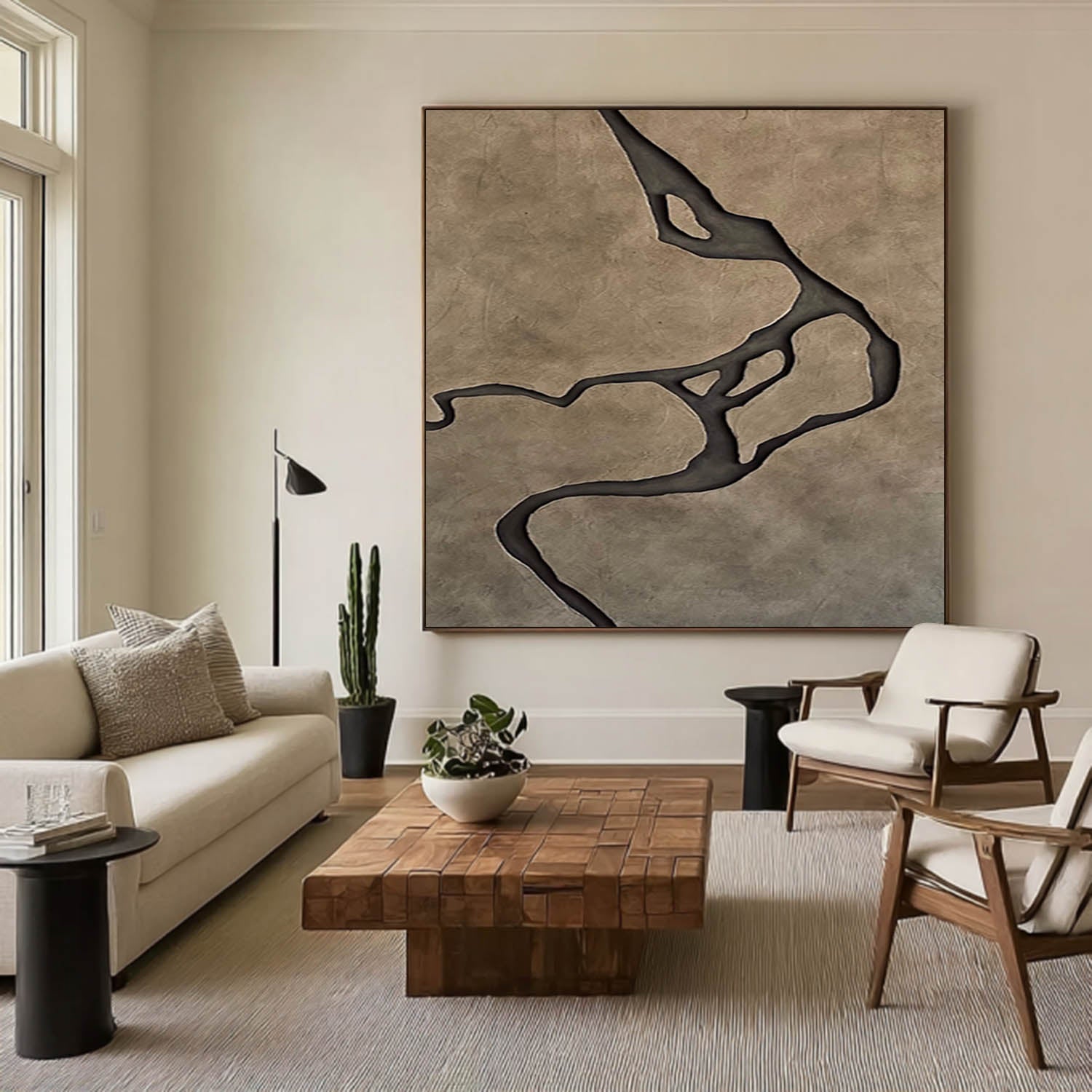 Earth Tone Japandi style 3D Wood Wall Art Wabi-Sabi River Relief for Living Room