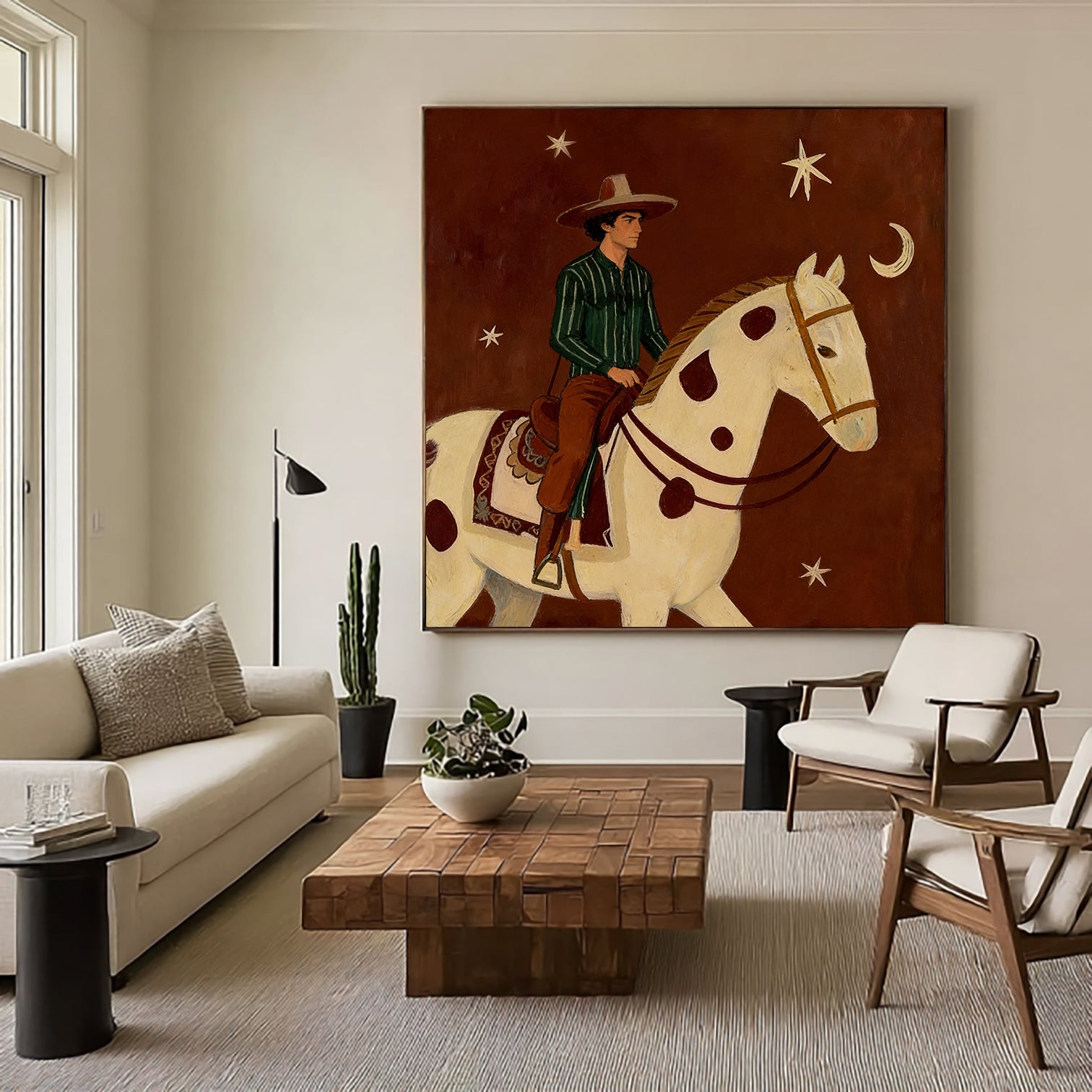 Man and Horse Art Equestrian Painting Mid Century Modern Horse Painting