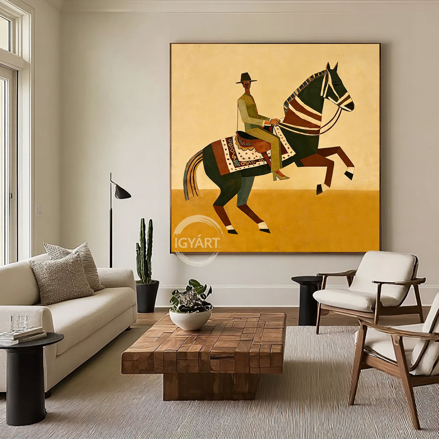 Modern folk art painting of a rider on a geometric horse with a yellow background