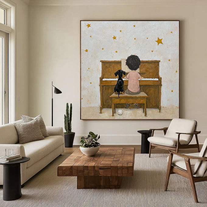 Minimalist Portrait with Black Cat - Wabi-Sabi Art Decor, Textured Earthy Tones