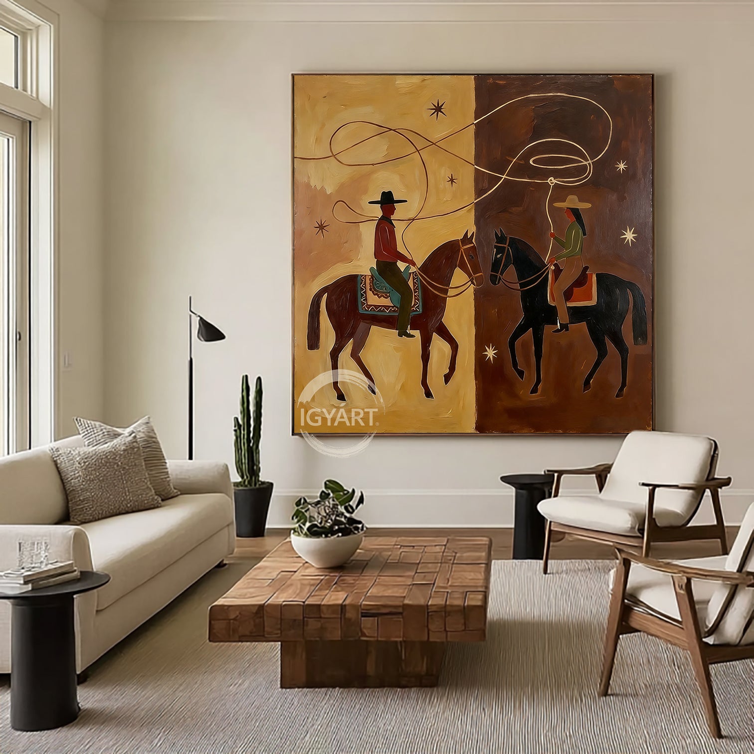 Minimalist Western oil art featuring two riders with a swirling lasso forming a heart-like loop, earthy tones, modern desert night theme.