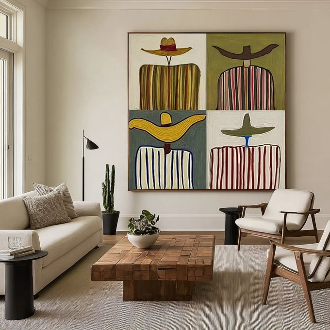 Mid Century Modern Person Portrait Painting Square Framed Art for Living Room