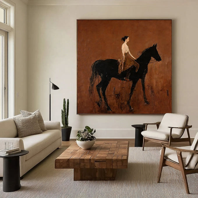 Black Horse Painting Modern Folk Art Person Riding Horse Wall Decor 