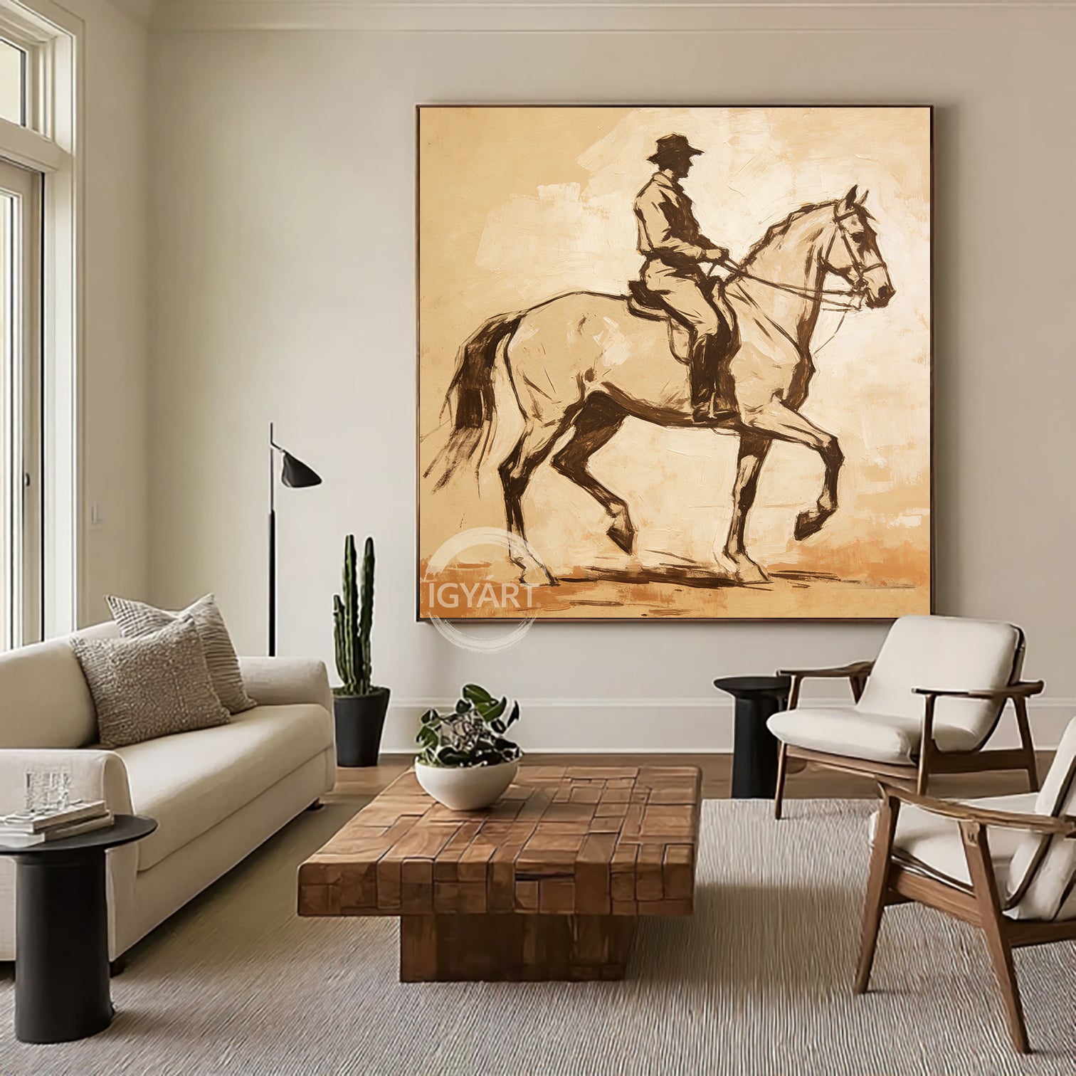 Vintage Style Equestrian Painting - Hand-painted Impressionist Horse & Rider