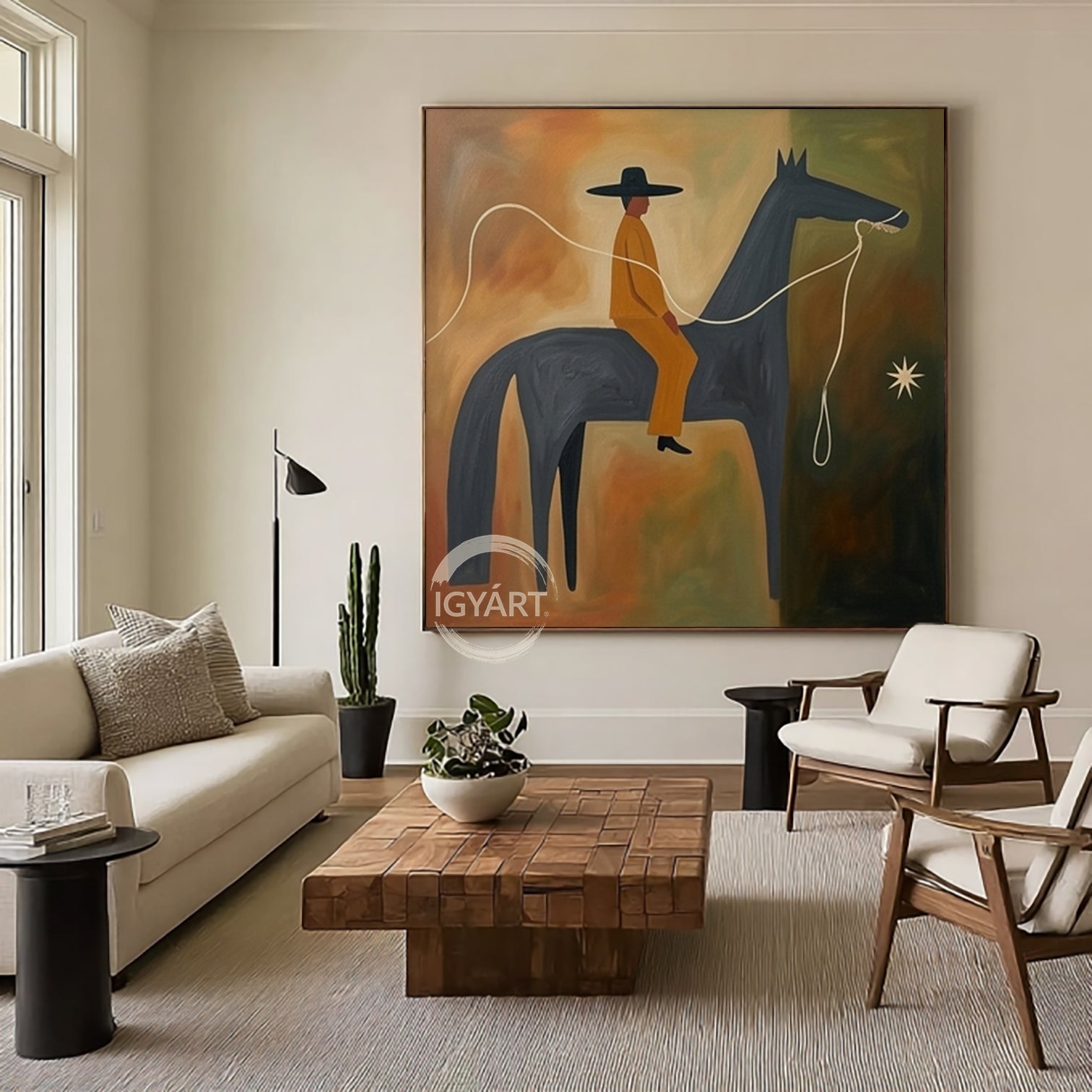 Earth Tone Modern Folk Art Horse Rider Oil Painting Mid-century Modern Art
