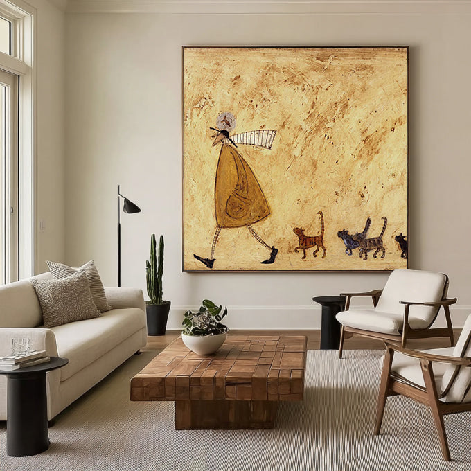 Cat Lover Gift Vintage Folk Art Painting Whimsical Cat Wall Art Rustic Home Decor