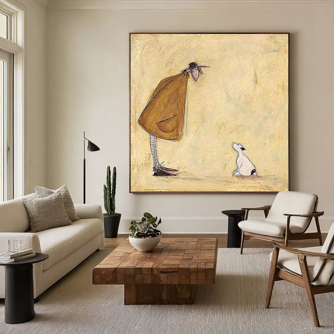 Funny Dog Lover Gift Man and Dog Art Vintage Folk Art Canvas Painting Cozy Reading Nook Art