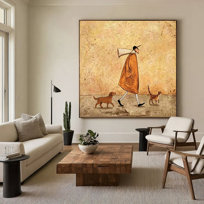 Hand Painted Whimsical Man Walking Dog and Cat Wall Art, Vintage Rustic Pet Lover Painting