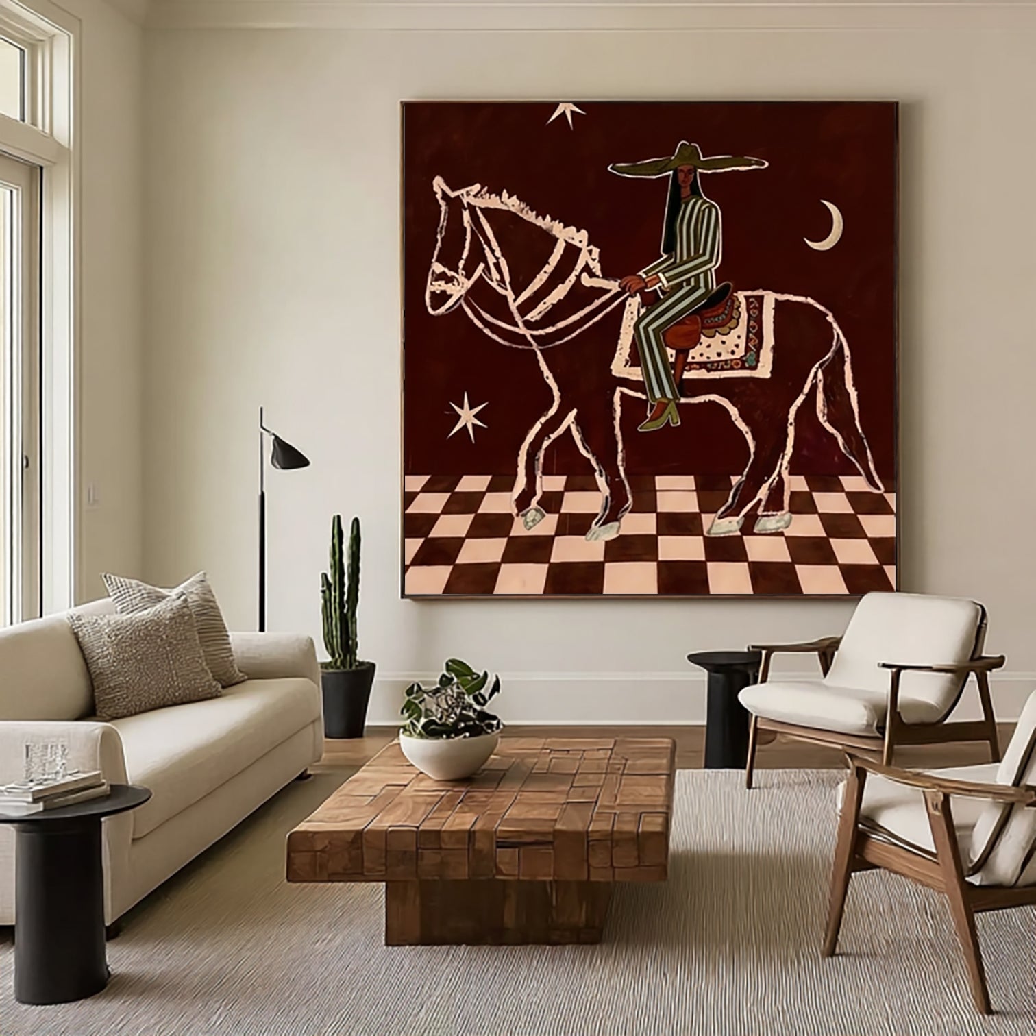 Earthy Tones Vintage Western Rider Wall Art Mid Century Modern Horse Painting