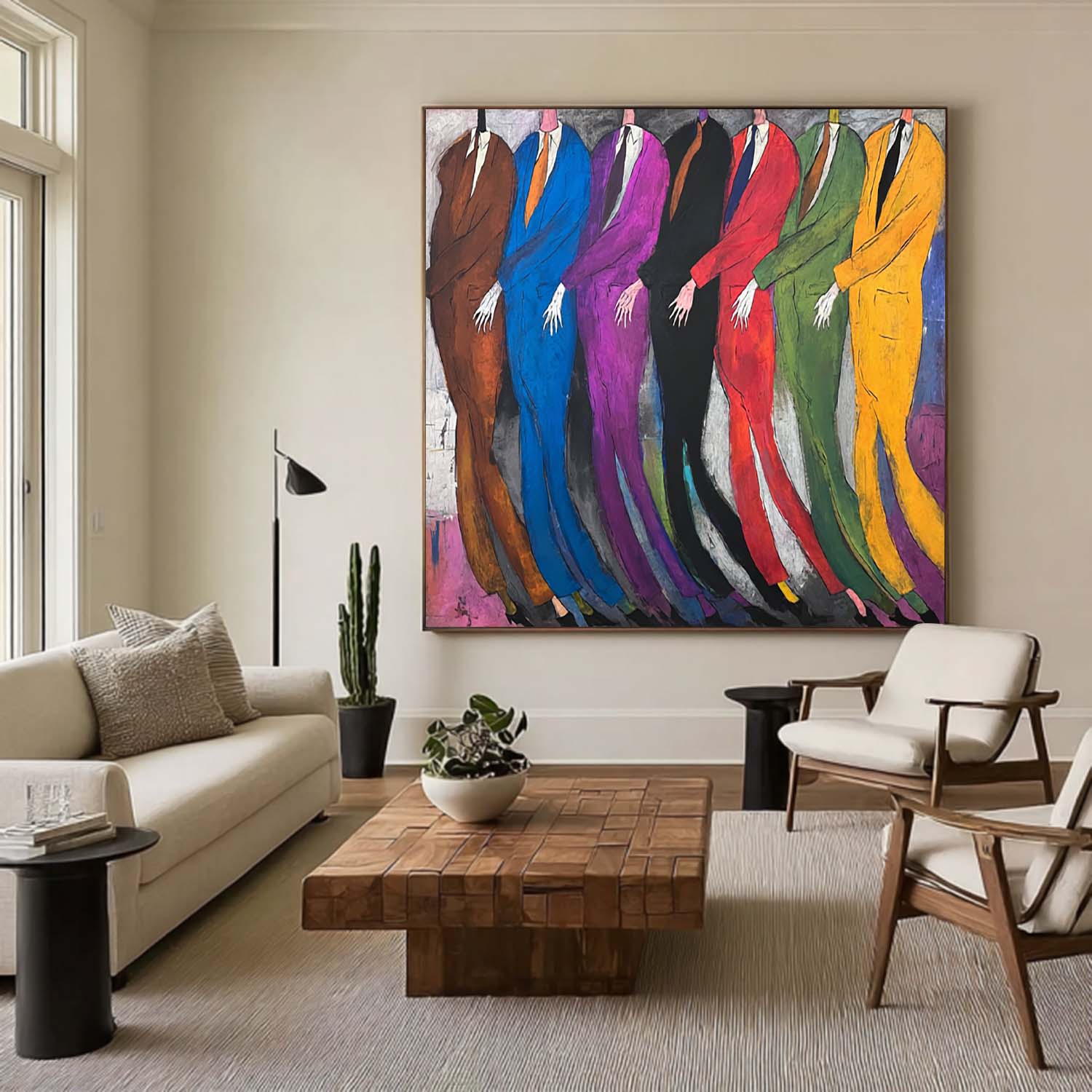 Hand-Painted Colorful Abstract Men in Suits Oil Painting - Expressionist Figurative Wall Art