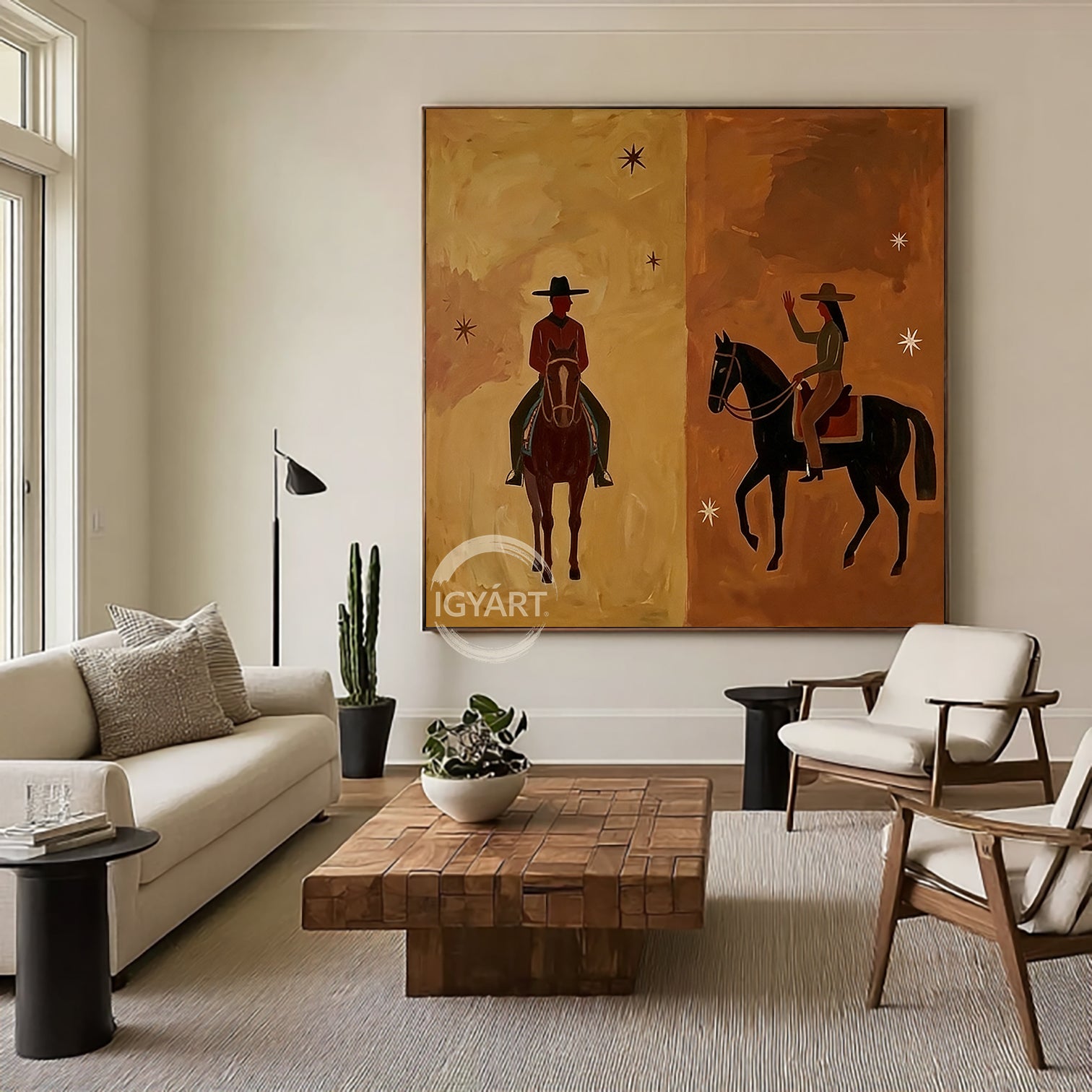 Hand-painted oil painting of a cowboy and cowgirl facing each other on horseback, split background in tan and brown with minimalist stars, Southwestern modern art style.