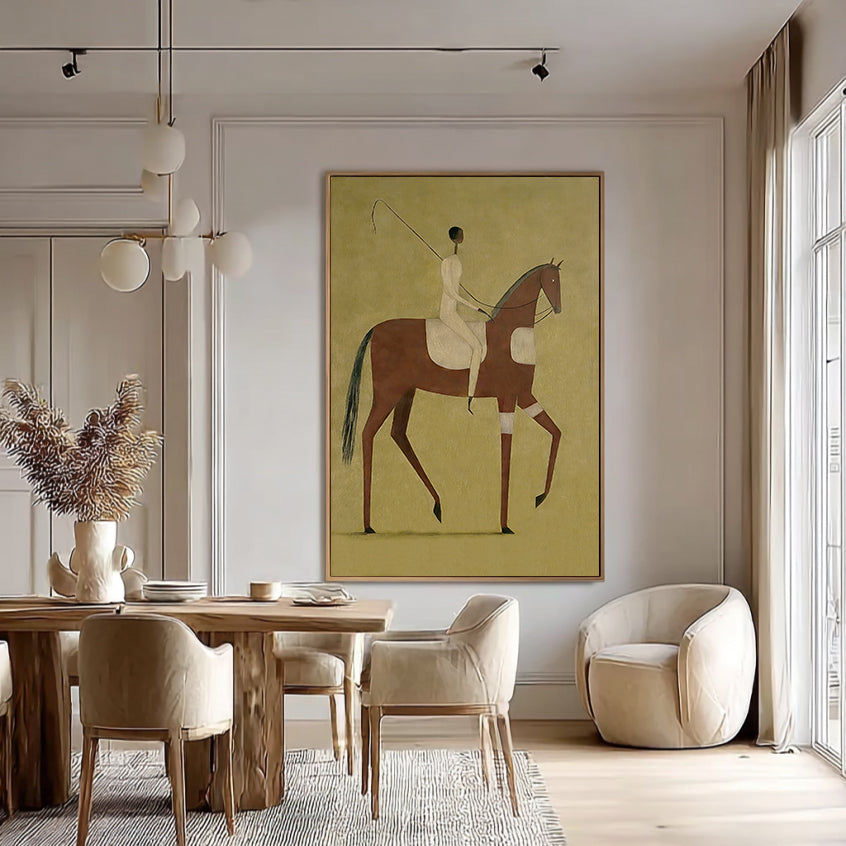 Minimalist black horse painting with red mane and a slim rider on olive green background.