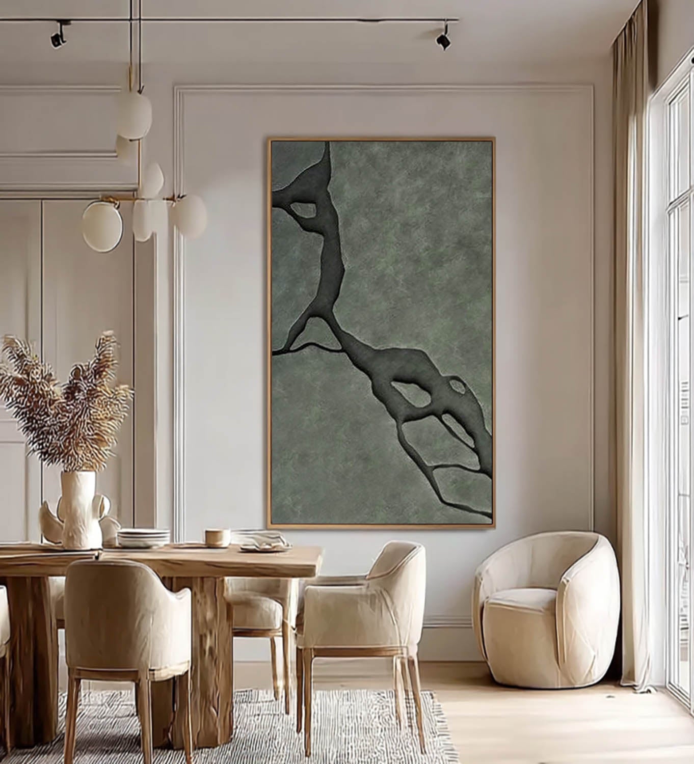 Green 3D Wood Carving Wall Art - Modern Olive Green Textured Painting for Living Room