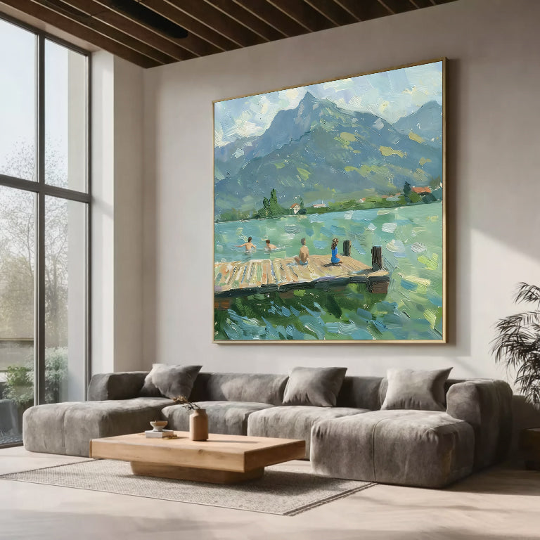 large Green Hand-painted oil painting Serene water landscape decor