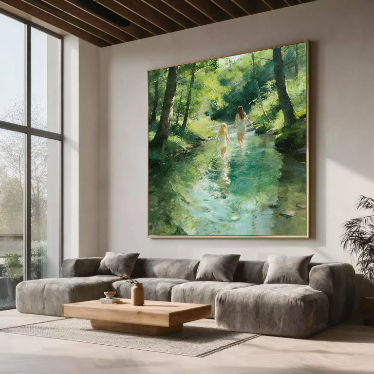 Hand-Painted Summer Lakeside Landscape Art large Green Landscape painting 