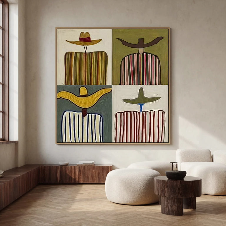 Mid Century Modern Person Portrait Painting Square Framed Art for Living Room