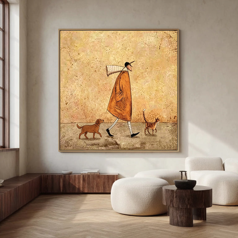 Hand Painted Whimsical Man Walking Dog and Cat Wall Art, Vintage Rustic Pet Lover Painting