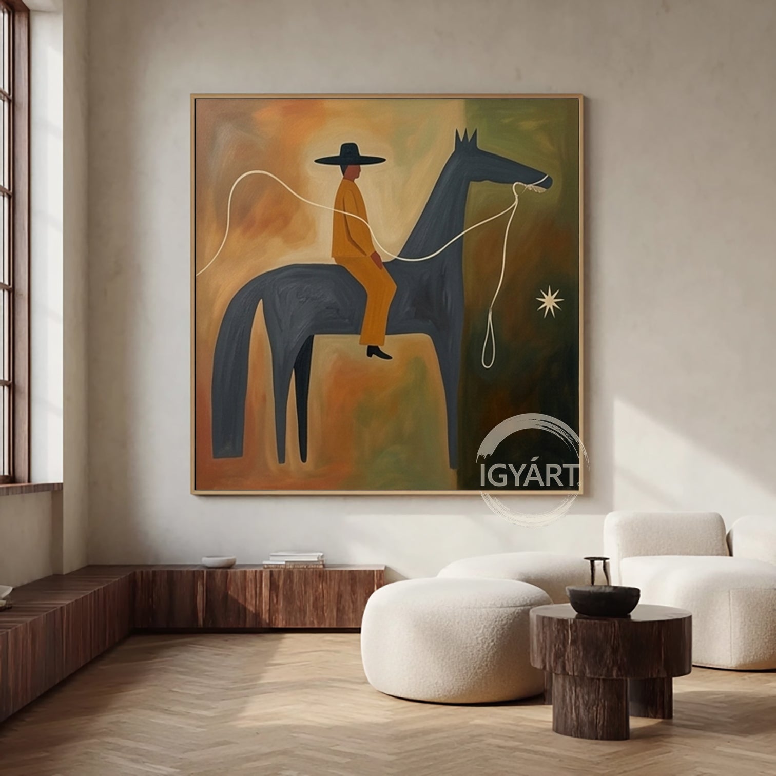Earth Tone Modern Folk Art Horse Rider Oil Painting Mid-century Modern Art
