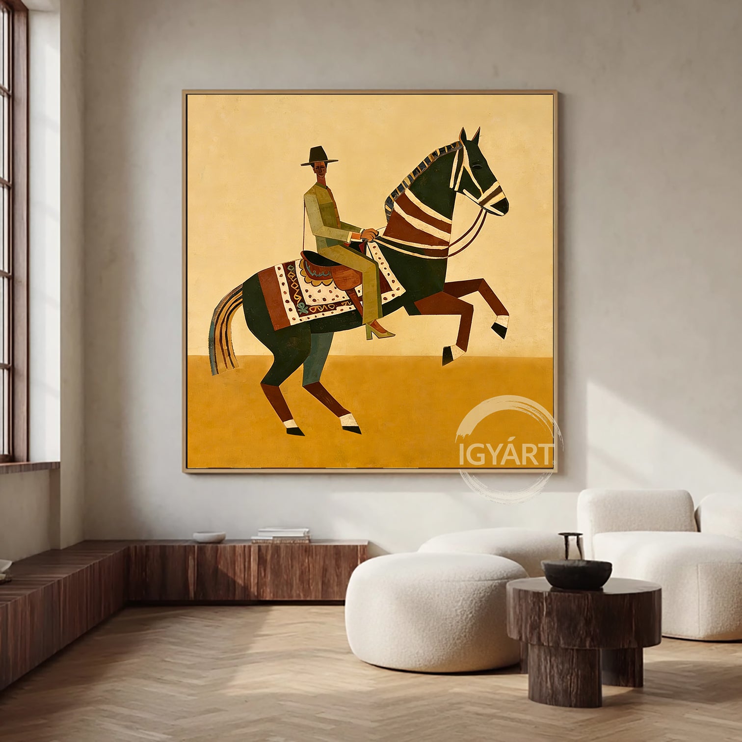 Modern folk art painting of a rider on a geometric horse with a yellow background