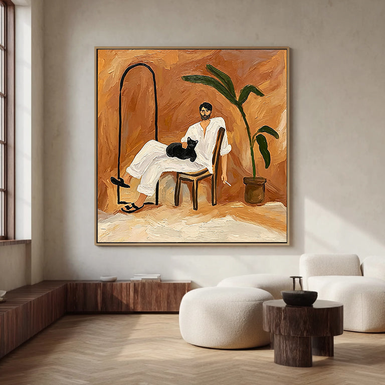 Hand-Painted Portrait Oil Painting - Man with Black Cat, Mid-Century Modern Wall Art