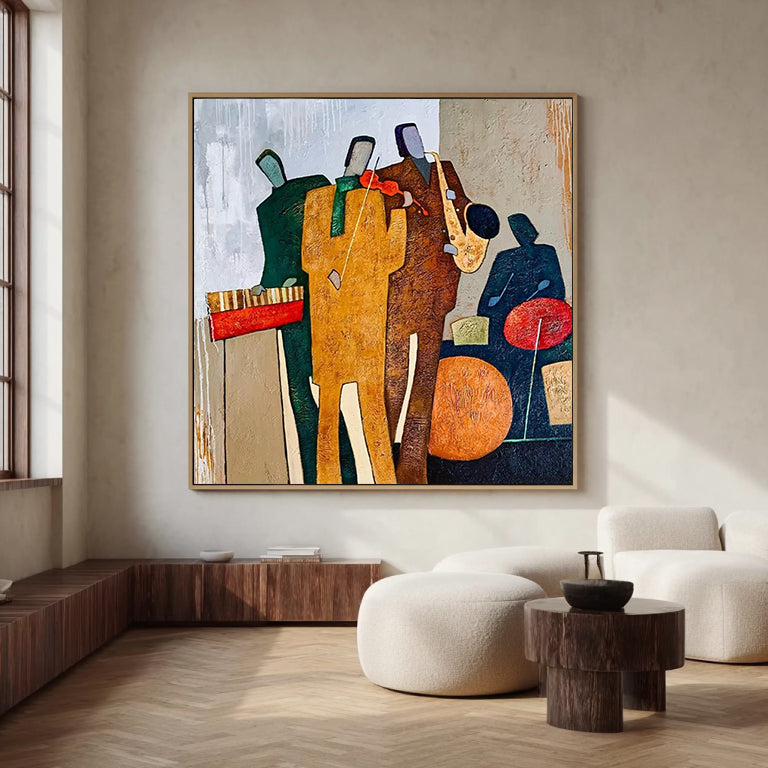 Mid-Century Modern Jazz Band Palette Knife Oil Painting - Abstract Musicians Wall Art